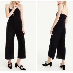 J.CREW 6 Black Velvet Crop Wide Leg V-Neck Jumpsuit w/ Back Zipper Pockets 23"in